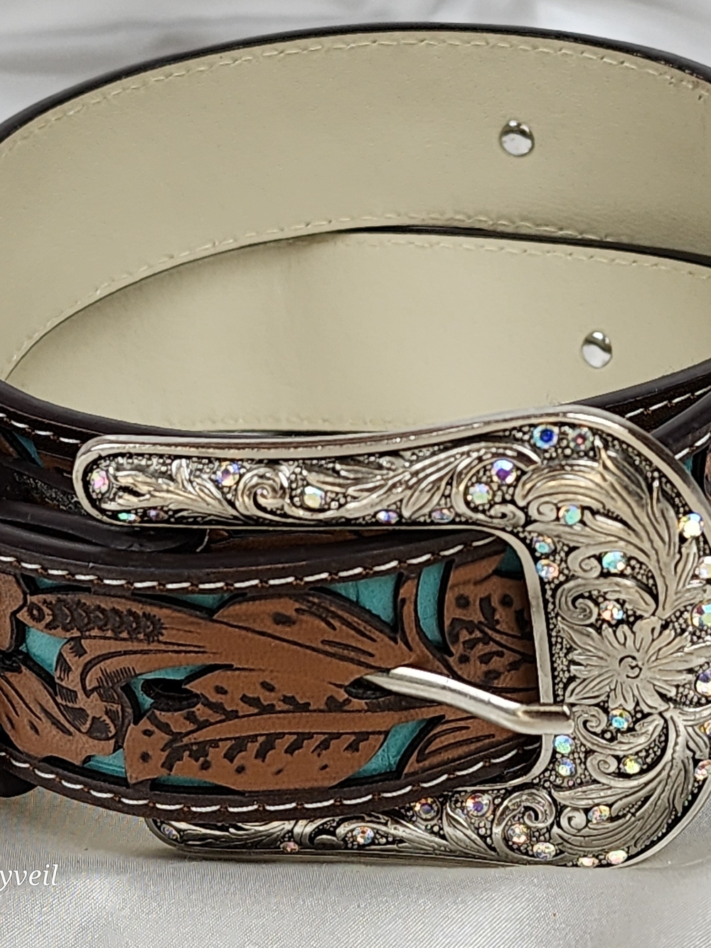 Western Rhinestone Belt Brown Turquoise Floral Tooled Buckle Womens Medium